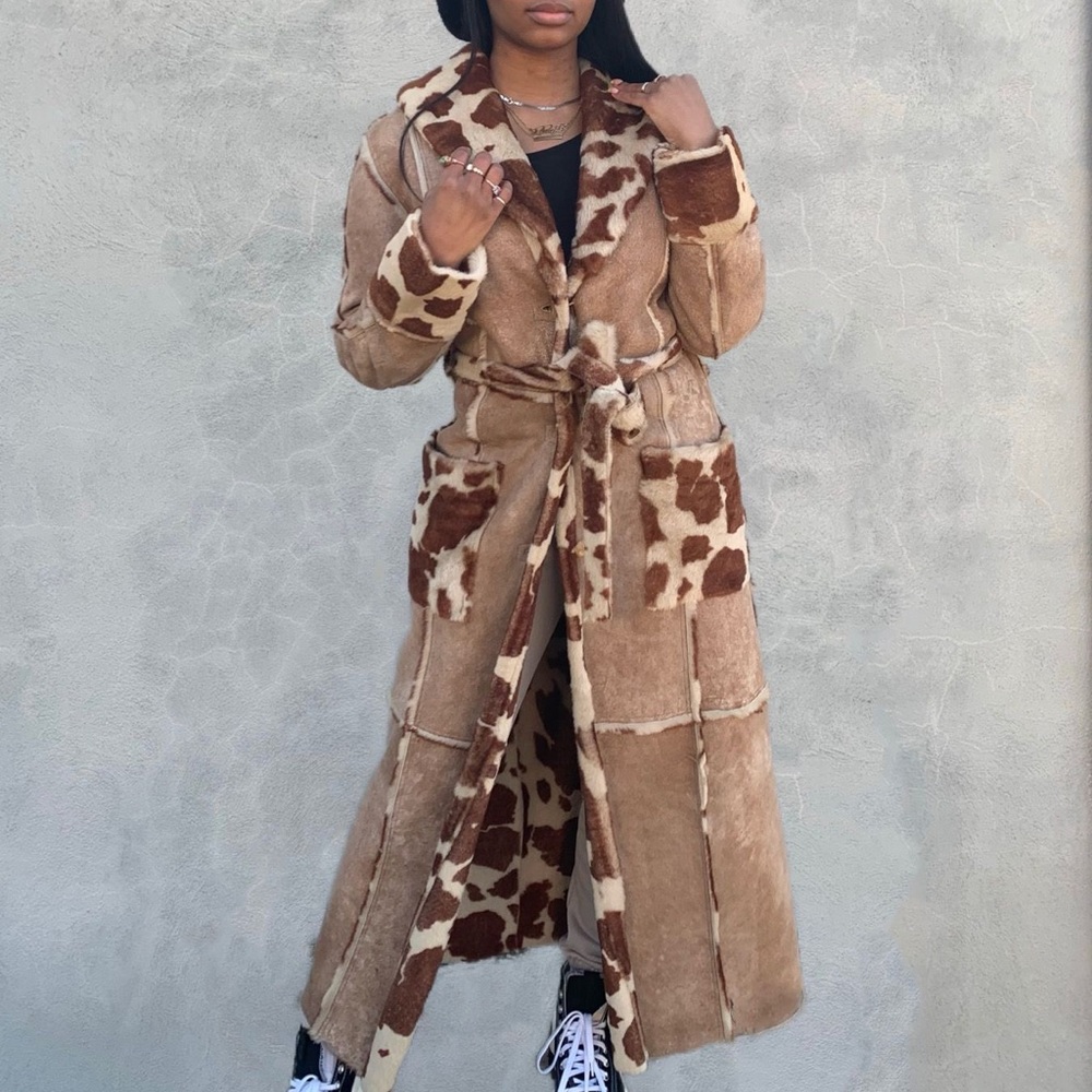 Shearling Cow Print Fur Coat